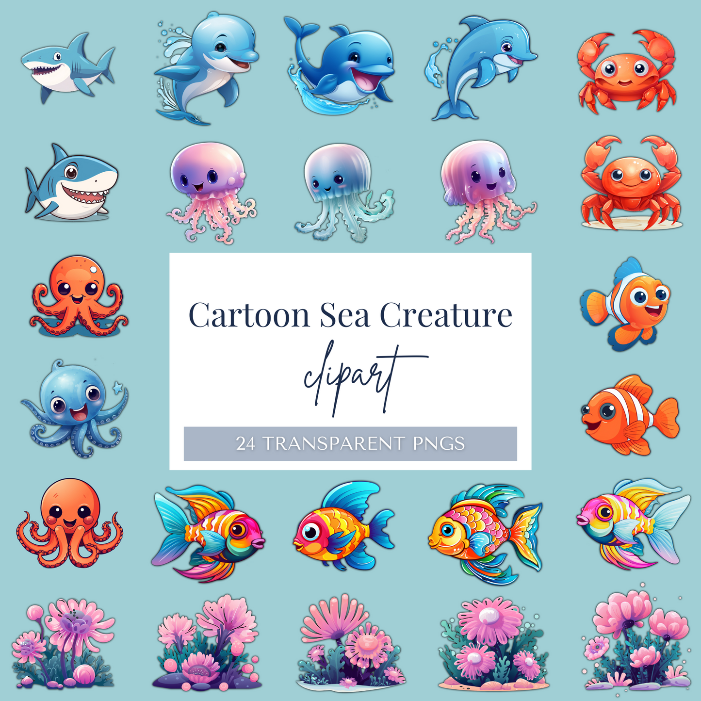 Cartoon Sea Creatures | 24 PNGs