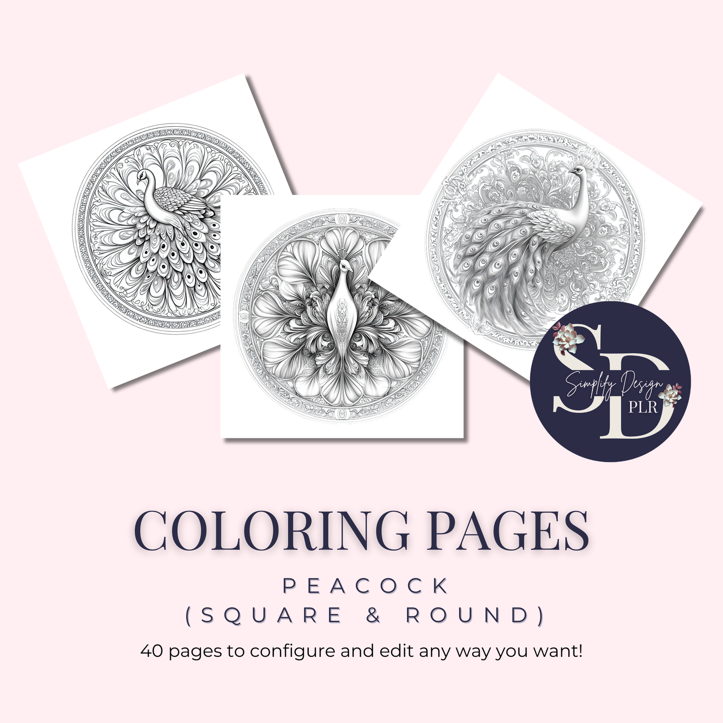 Coloring Pages: Peacock Coloring Pages (Square & Round) | 40 PNGs