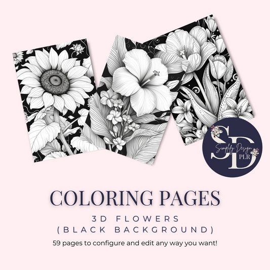 Coloring Pages: 3D Flowers on Black Coloring Pages | 59 PNGS