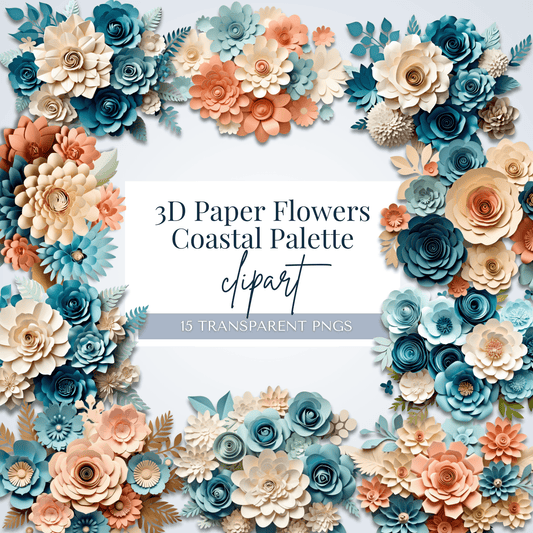 3D Paper Flowers Clipart: Coastal Palette | 15 PNGs