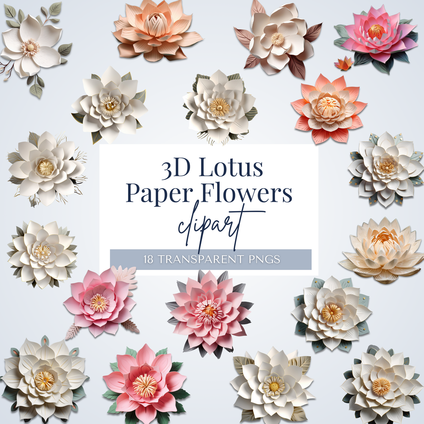 3D Lotus Paper Flower Clipart | 18 PNGs