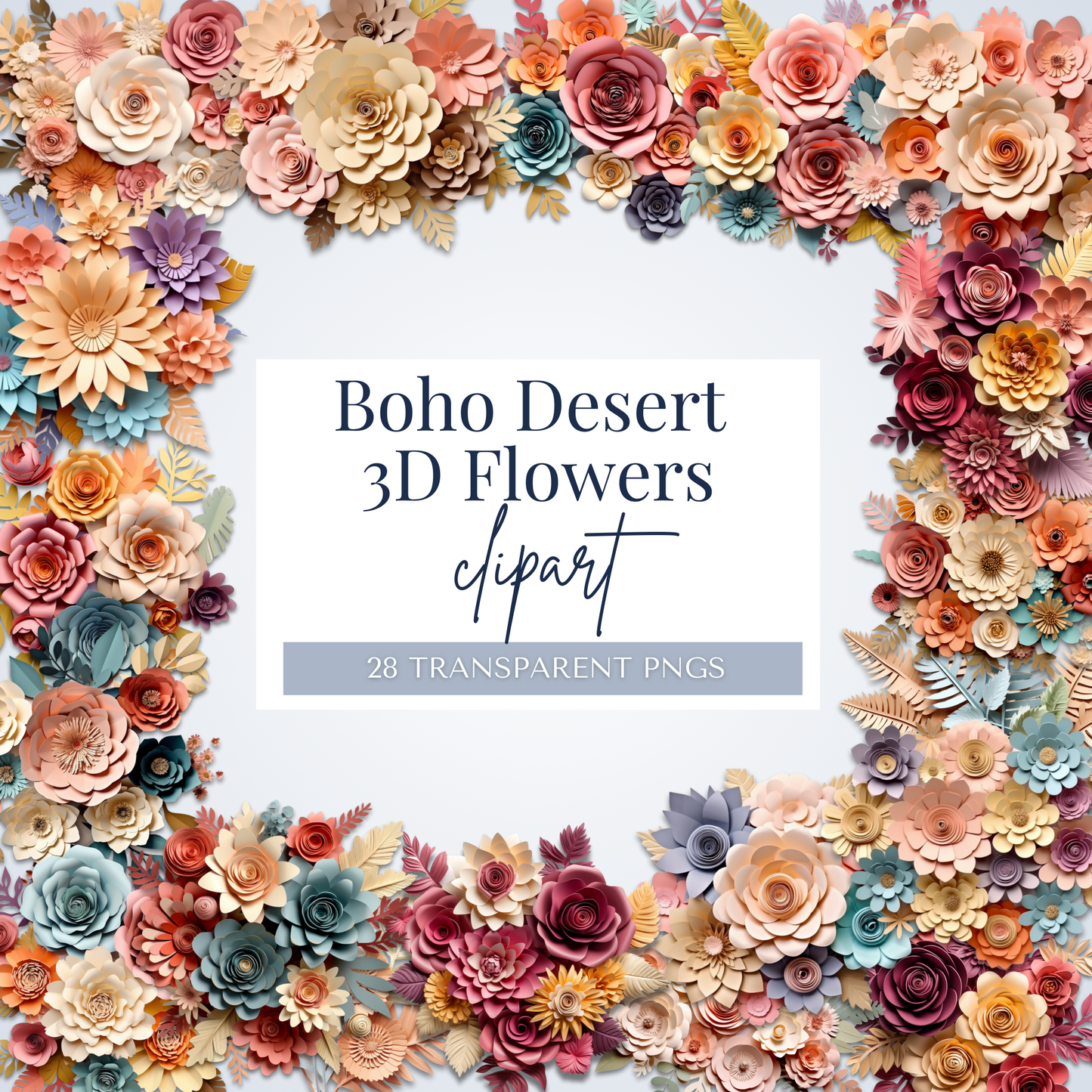 3D Paper Boho Desert Flowers | 28 PNGs