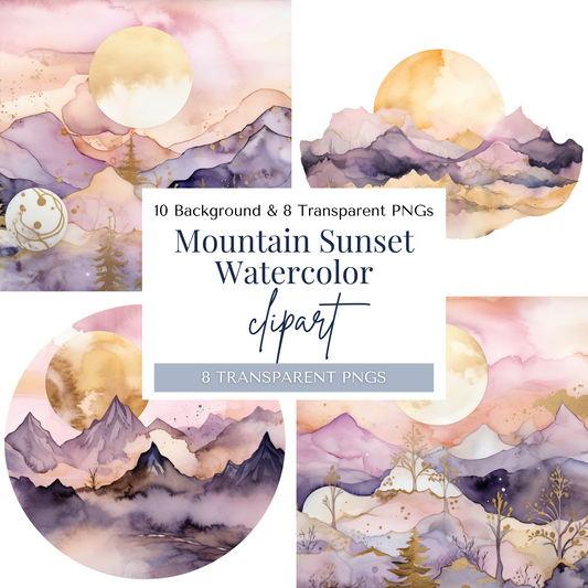 Mountain Sunset (Purple & Gold) Clipart | 18 PNGs