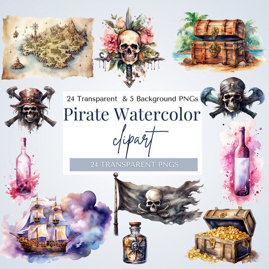 Watercolor Pirate Pack | 29 PNGs
