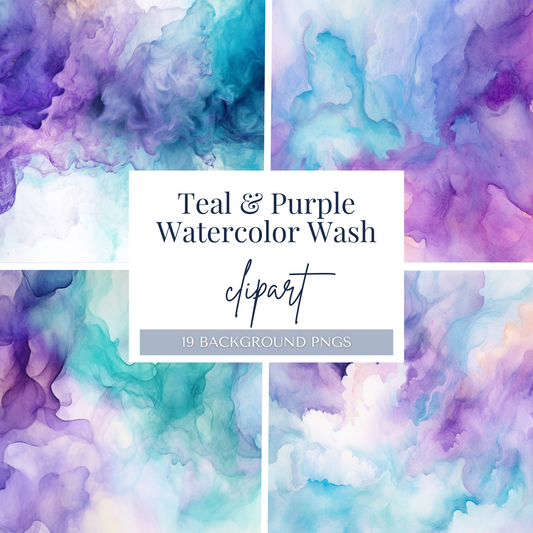 Teal & Purple Watercolor Wash | 19 PNGs